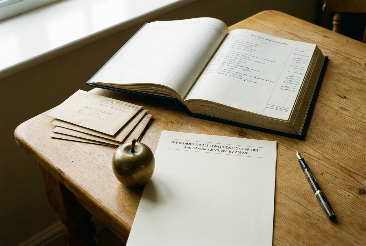A neat still life on the trustees' kitchen table — a receipts-and-payments ledger, a small pile of fuel-grant envelopes, and a brass paperweight in the shape of an apple — with the charity's annual return blank on top.