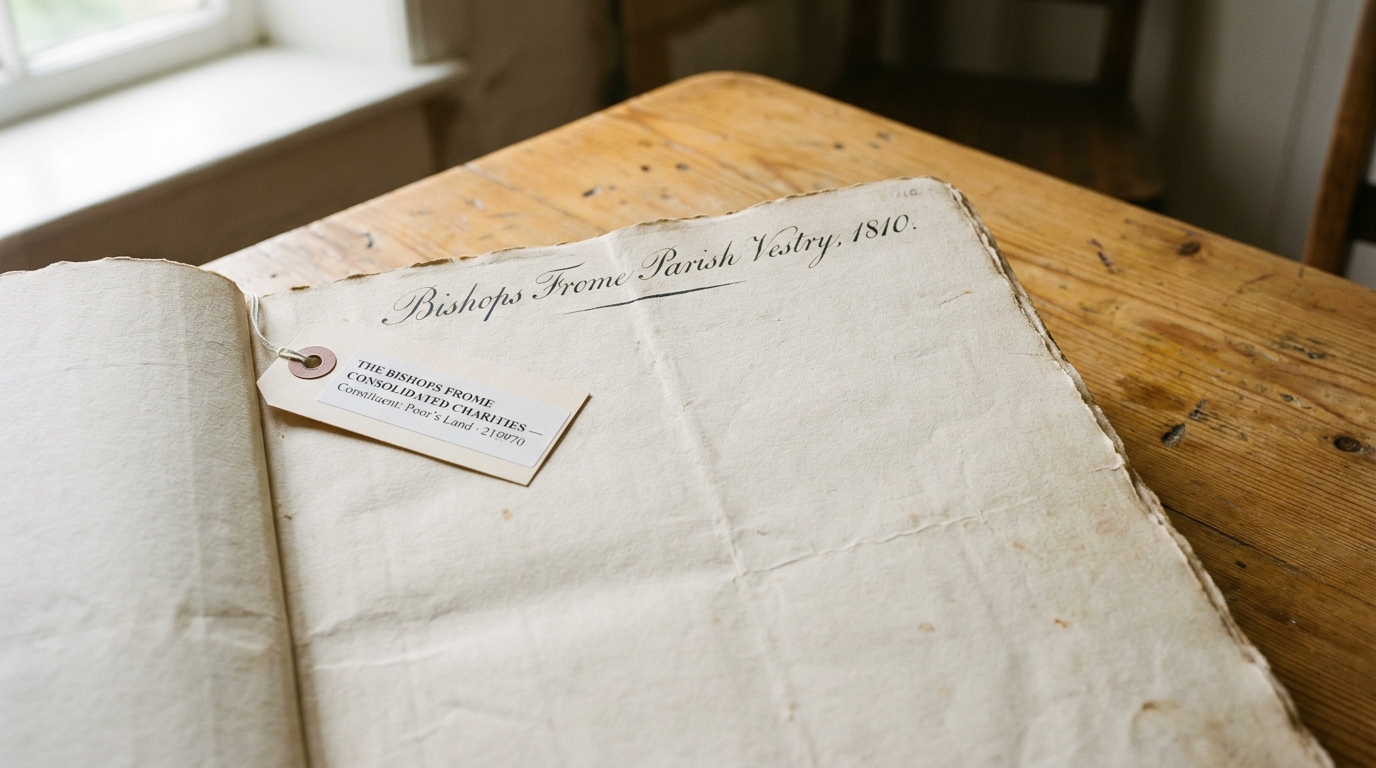 A weathered nineteenth-century parish vestry minute, in iron-gall ink on cream paper, photographed on the trustees' table at Bishops Frome.