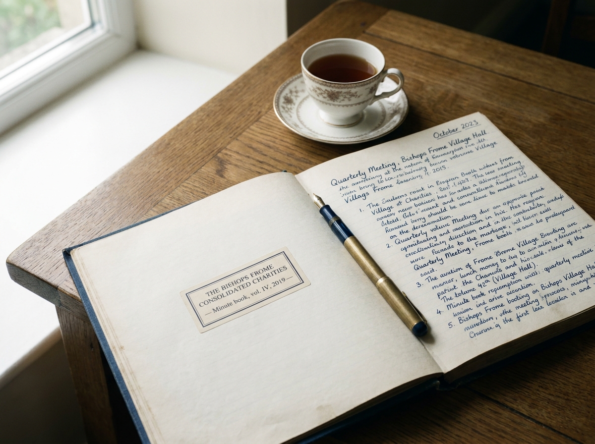 An open page of the trustees' minute book at Bishops Frome, with the most recent quarterly entry written in fountain pen, the charity name on the cover plate visible at the upper edge.