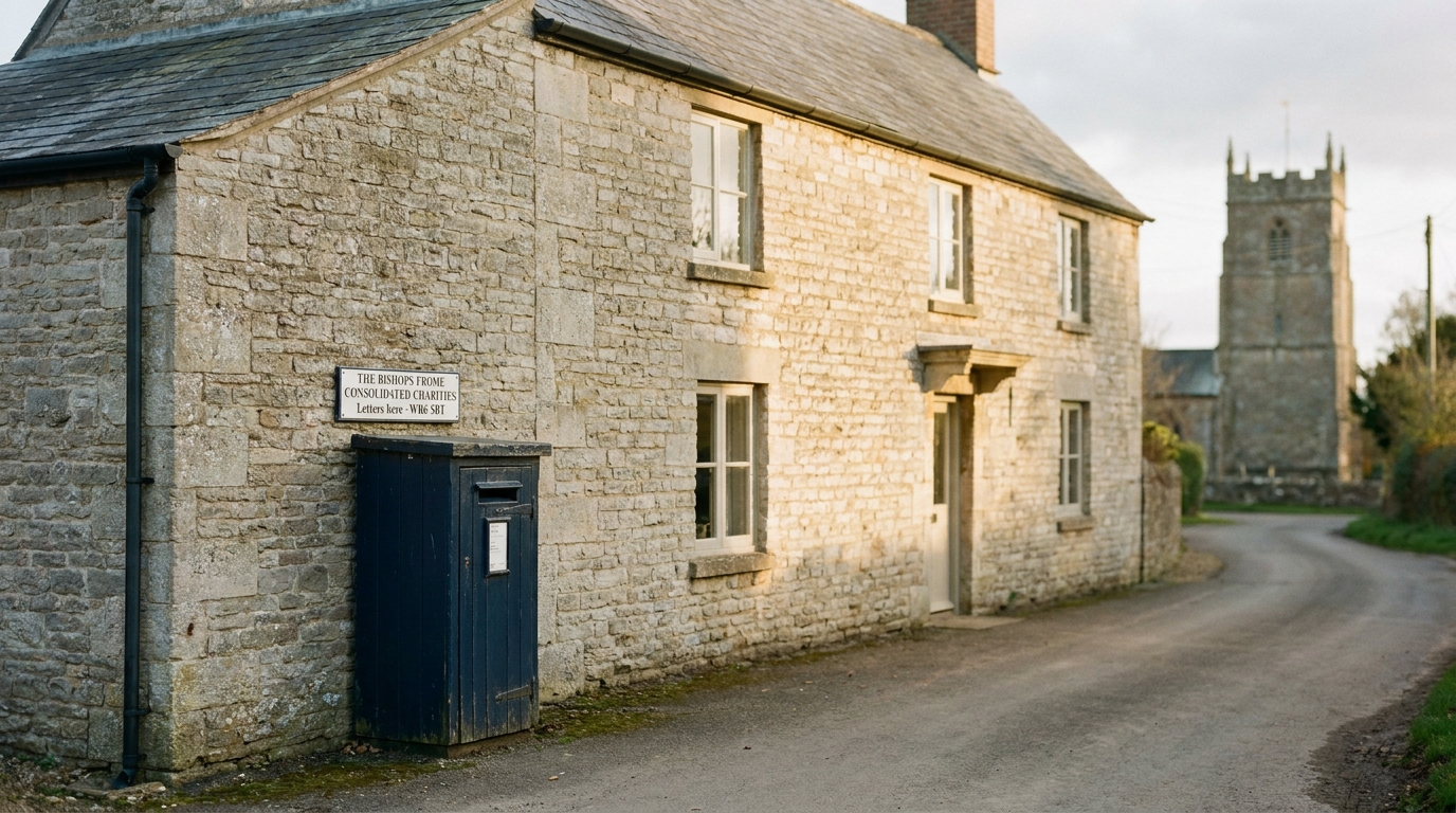 The stone façade of New House, Bishops Frome, with its weathered oak postbox at the foot of the wall and the lane curving away towards the church — the registered office of the consolidated charities.