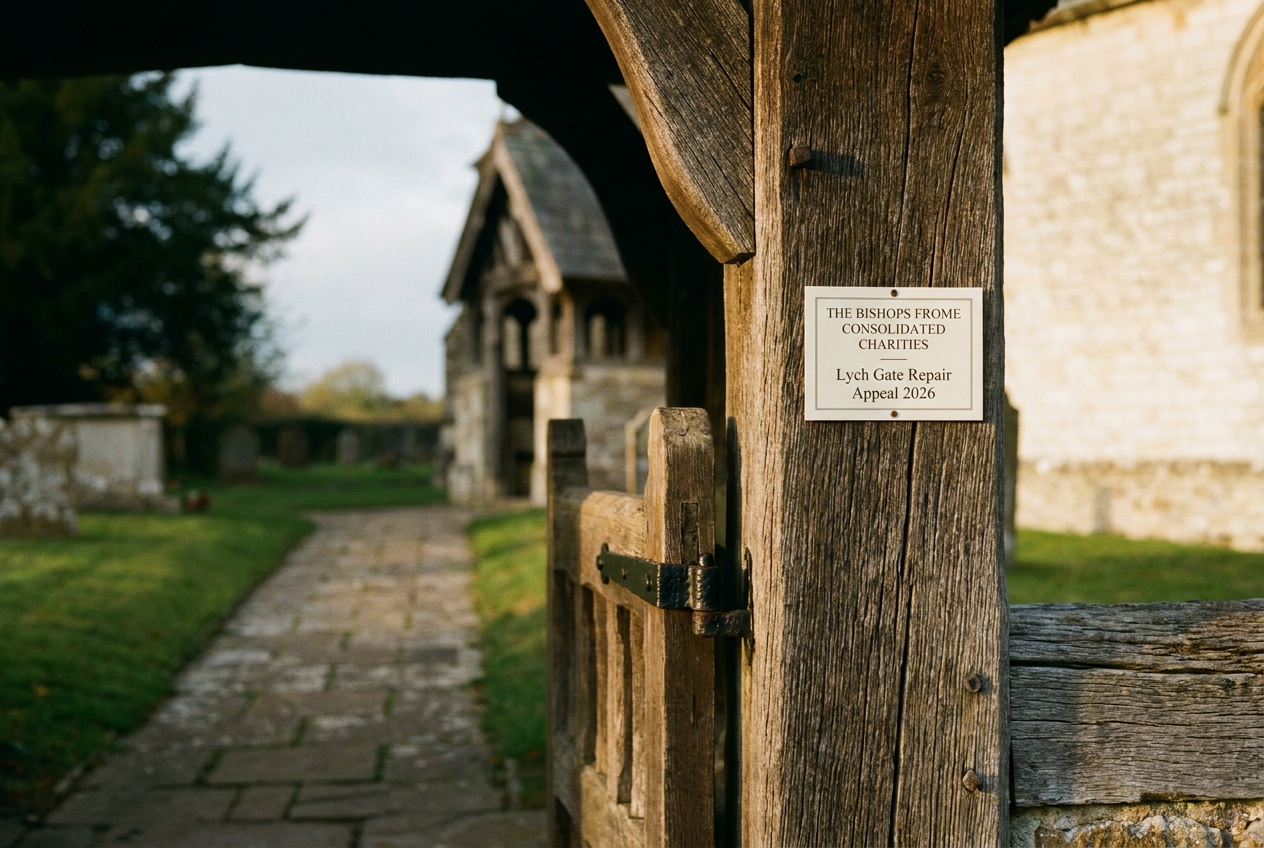 The weathered oak lych gate at St Mary's, Bishop's Frome, in late afternoon light.
