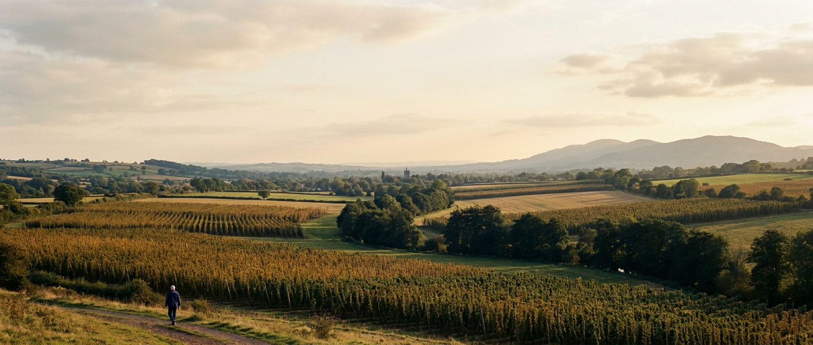 The long view from the ridge at Fromes Hill — looking south-west across the Frome Valley, hop yards and cider orchards in late September, the Malvern Hills on the eastern horizon in soft blue-grey haze.