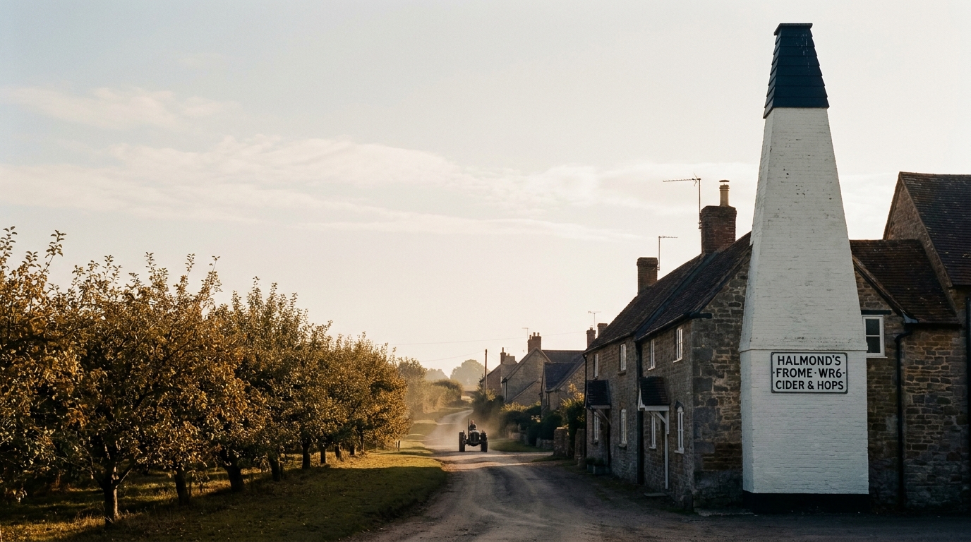 A lane of cottages and hop yards at Halmond's Frome, east of Bishop's Frome — a hop kiln chimney on the right, a low cider orchard on the left, a single tractor passing through the late-September afternoon.