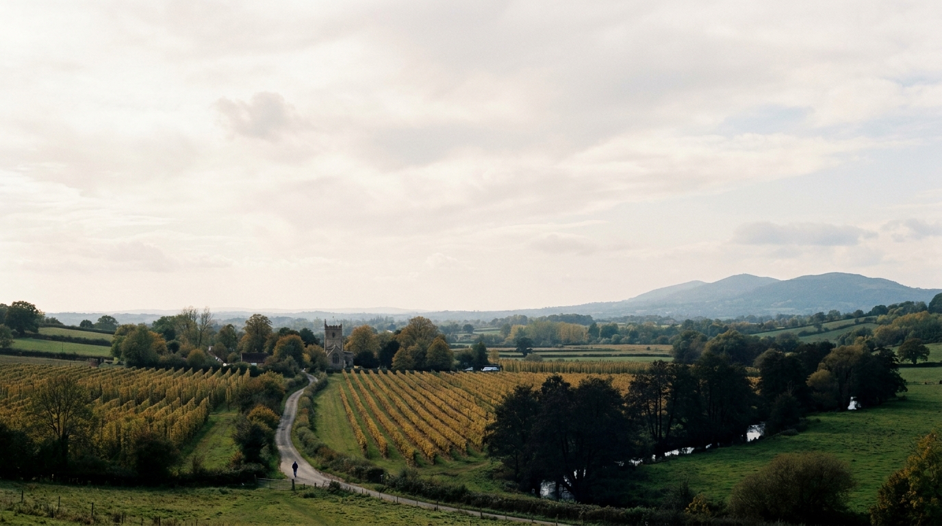 A wide view across the Frome Valley in late September, the church tower of St Mary's small in frame, the Malvern Hills on the eastern horizon.