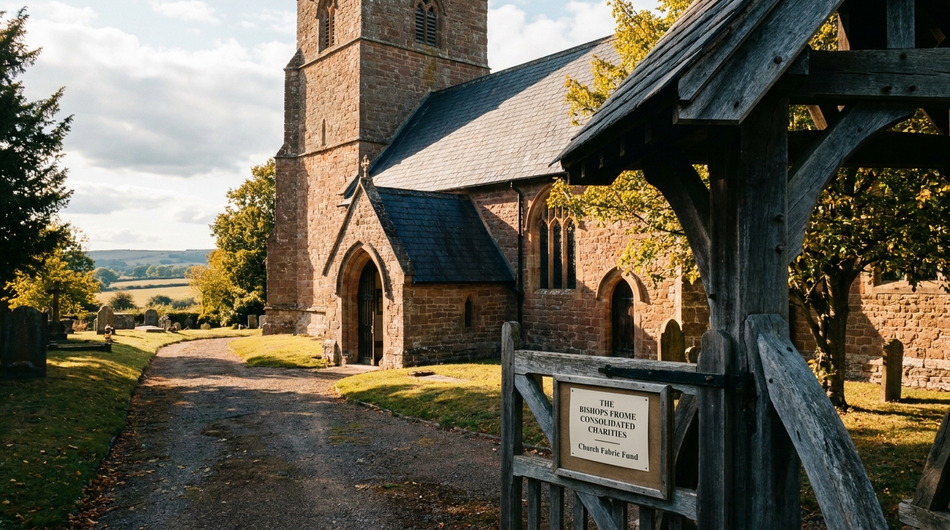 The south porch and west tower of St Mary's parish church, Bishop's Frome — sandstone in late-afternoon September light, the lych gate just visible at the lower right of frame, the medieval roof line catching the last of the day.