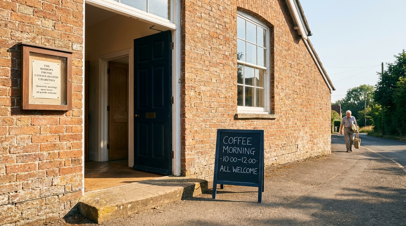 The exterior of Bishop's Frome Village Hall on a still summer Saturday — a brick gable, an open front door, a chalkboard easel on the pavement marked 'Coffee morning · 10–12'.
