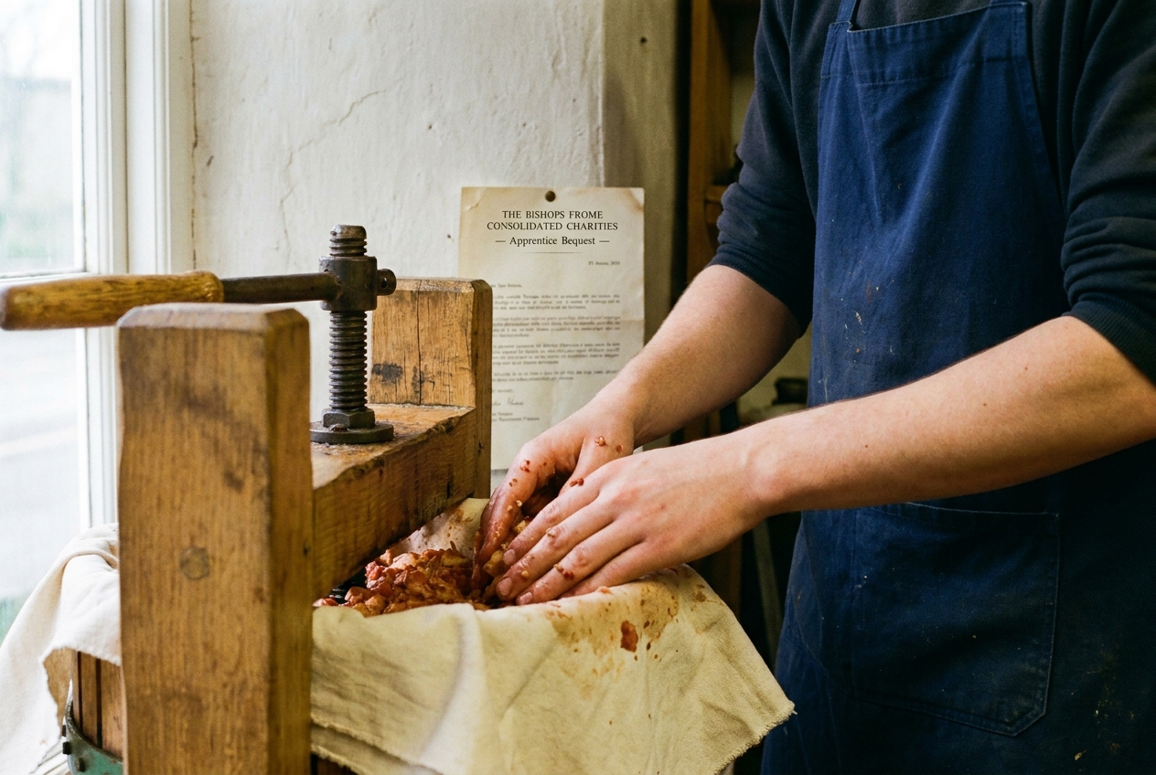 A young hand at work on a cider press in a workshop in Halmond's Frome.