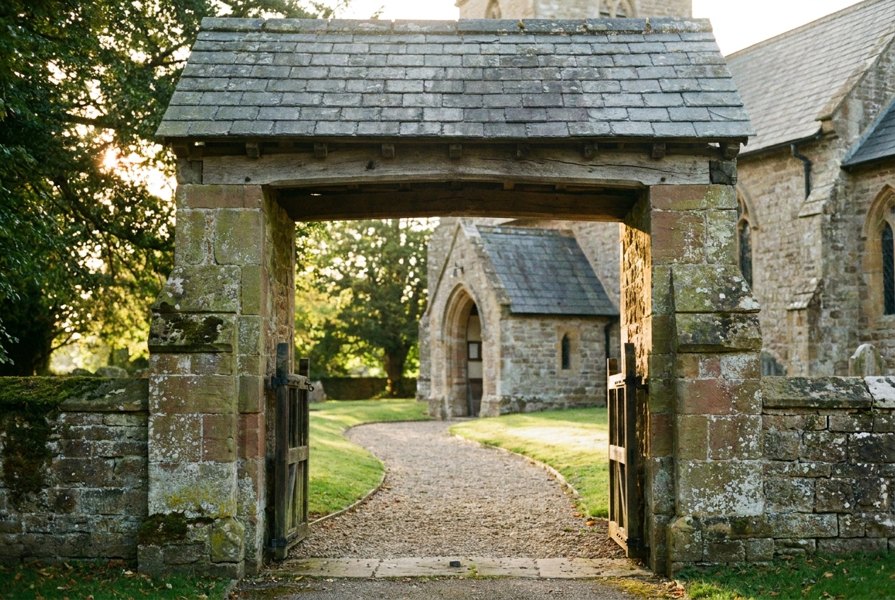 The lych gate at St Mary's parish church, Bishop's Frome, with lichen on its sandstone uprights.