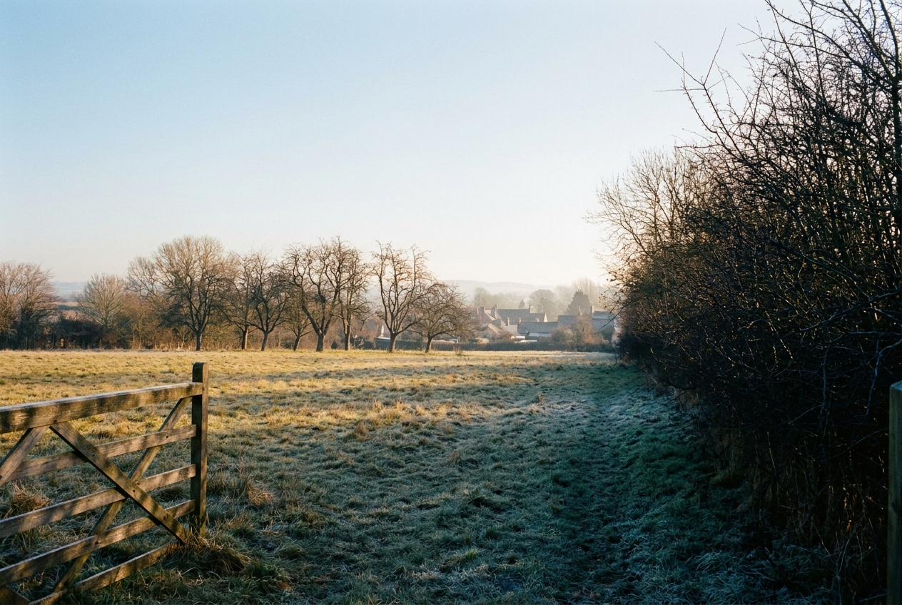 A small hayfield on a winter morning above Bishop's Frome, rented out by the parish charities.