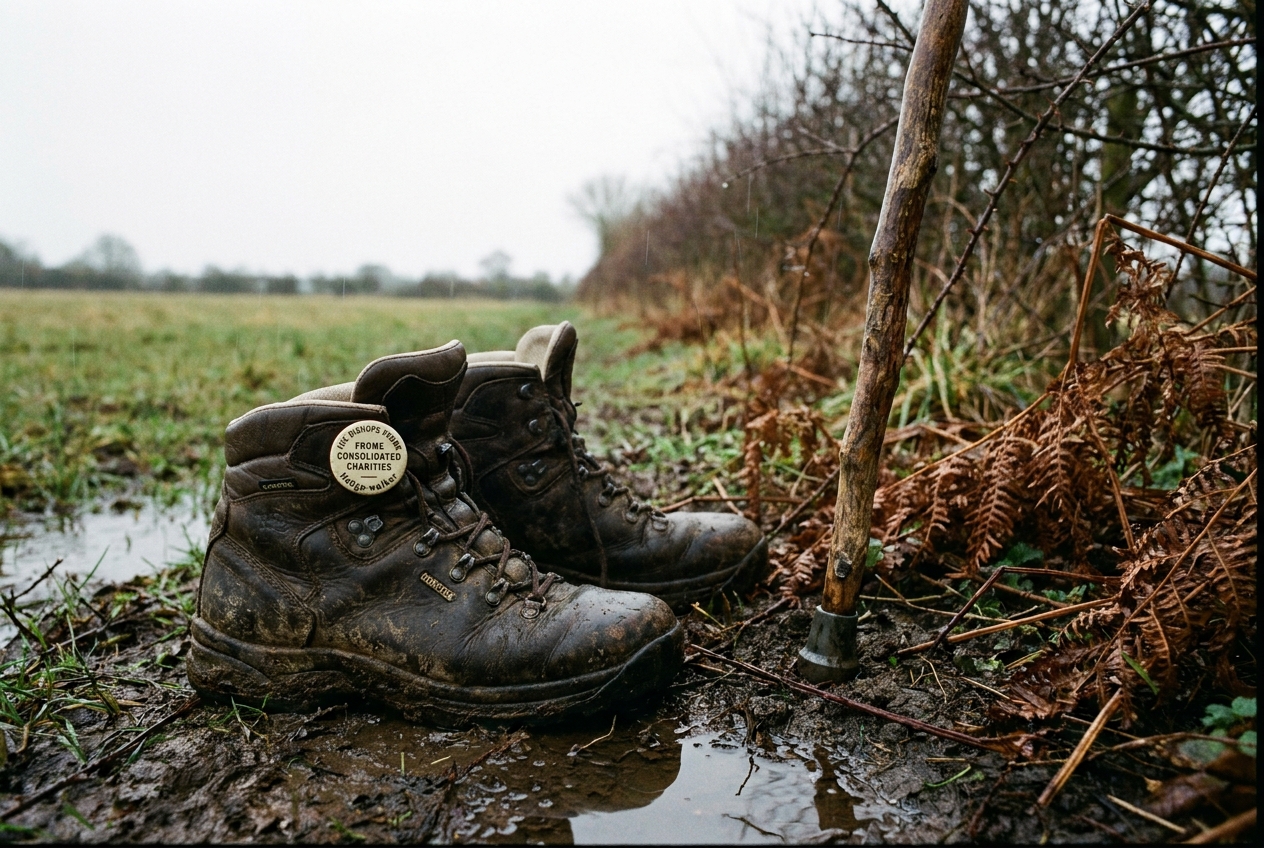 A pair of weathered boots and a wooden walking stick on the muddy edge of the Poor's Land meadow at Bishop's Frome — a quarterly trustees' walk in early February.