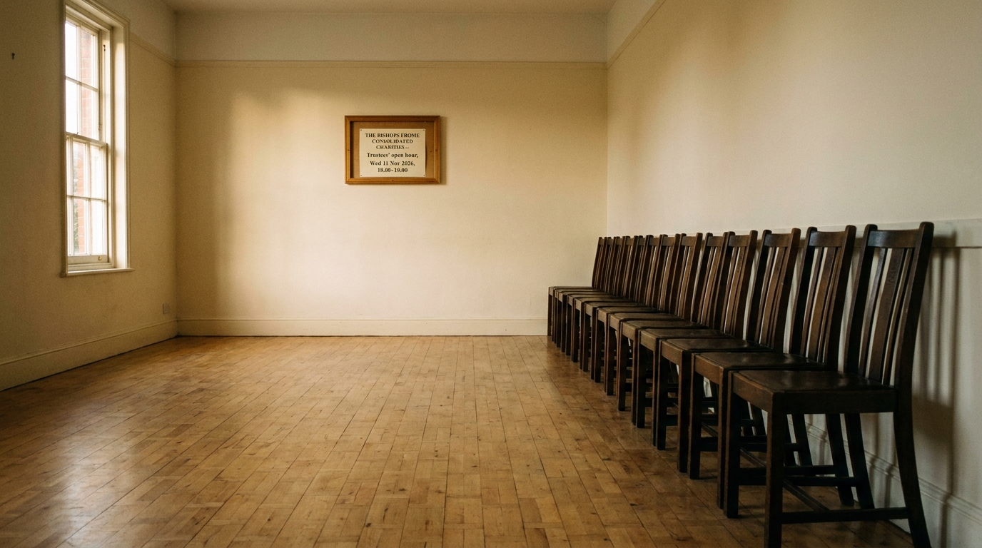 The empty interior of Bishop's Frome village hall on a still afternoon — a row of stacking chairs, a wooden floor, a single window letting in low side-light — the quiet space the trustees host two open hours a year.
