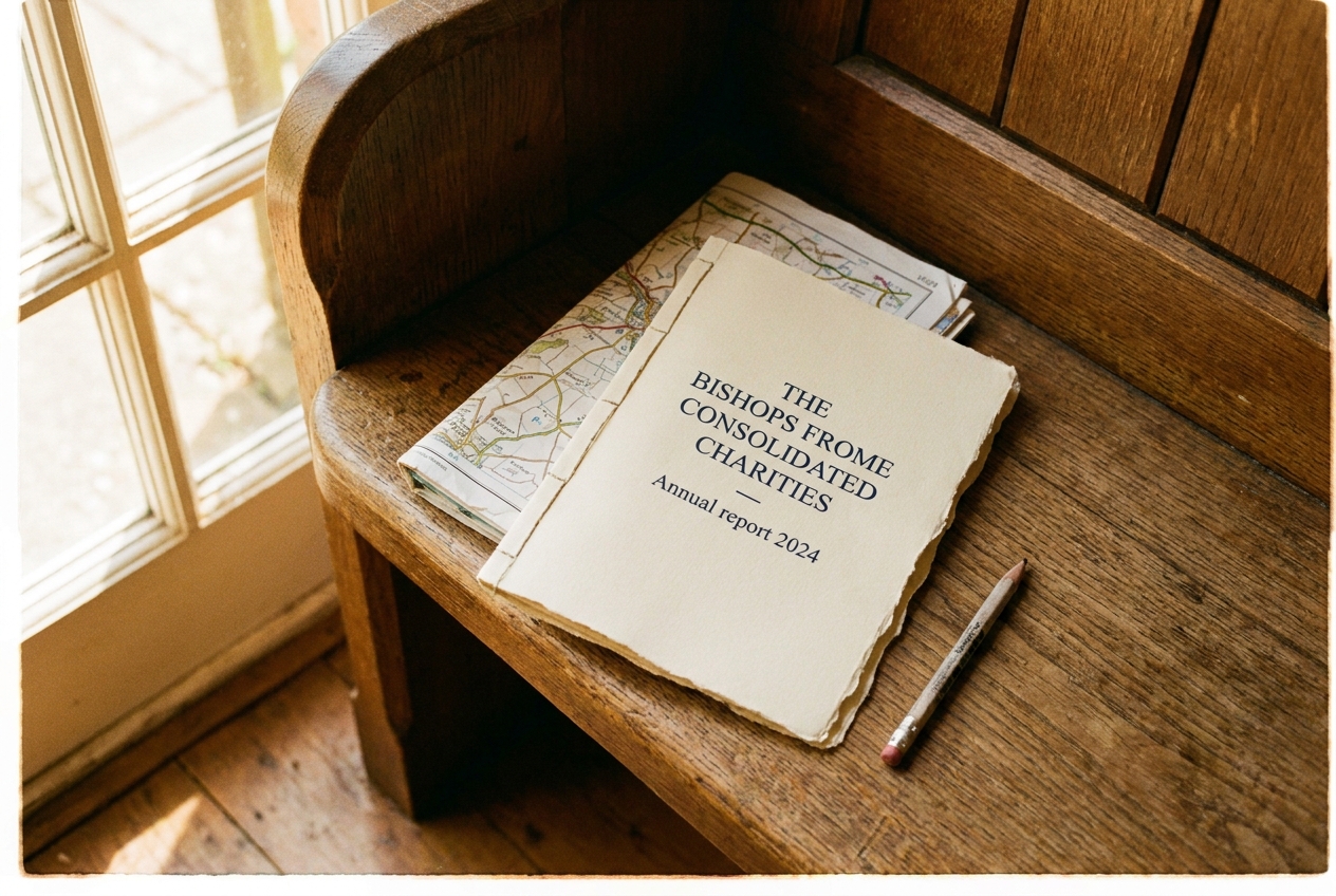 A small annual report pamphlet on a parish bench.