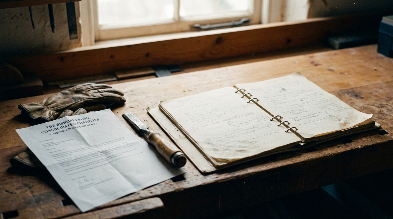 A weathered apprentice's handbook on a workshop bench in Halmond's Frome.