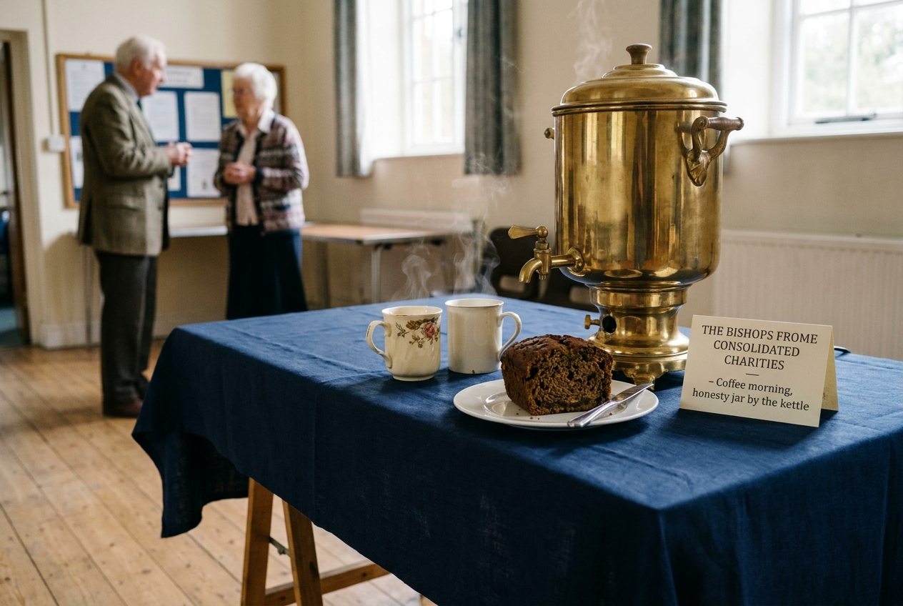 A village hall coffee morning, urn steaming, a slice of bara brith on a plate.