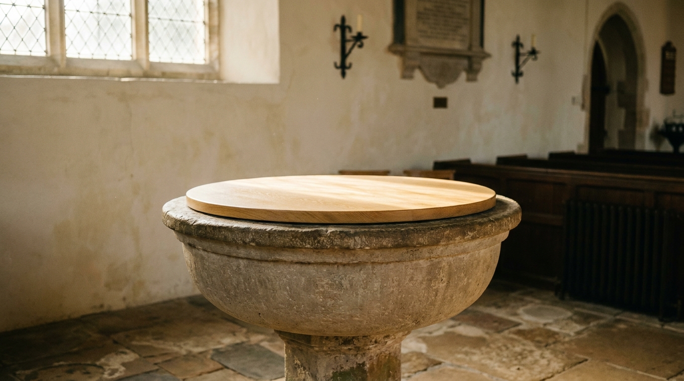 The medieval font at St Mary's parish church, Bishop's Frome.