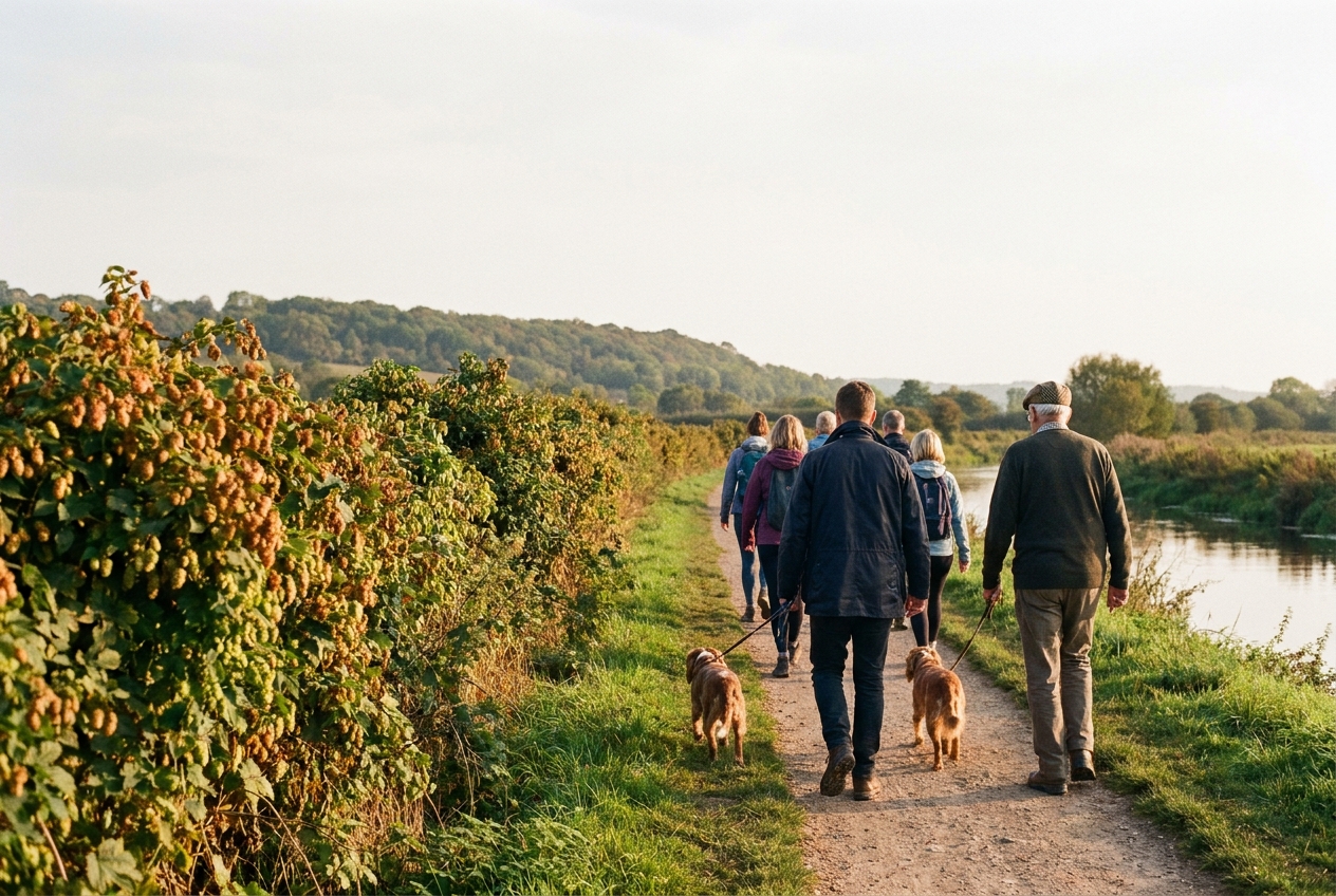 A small group walking the Frome towpath in late September.