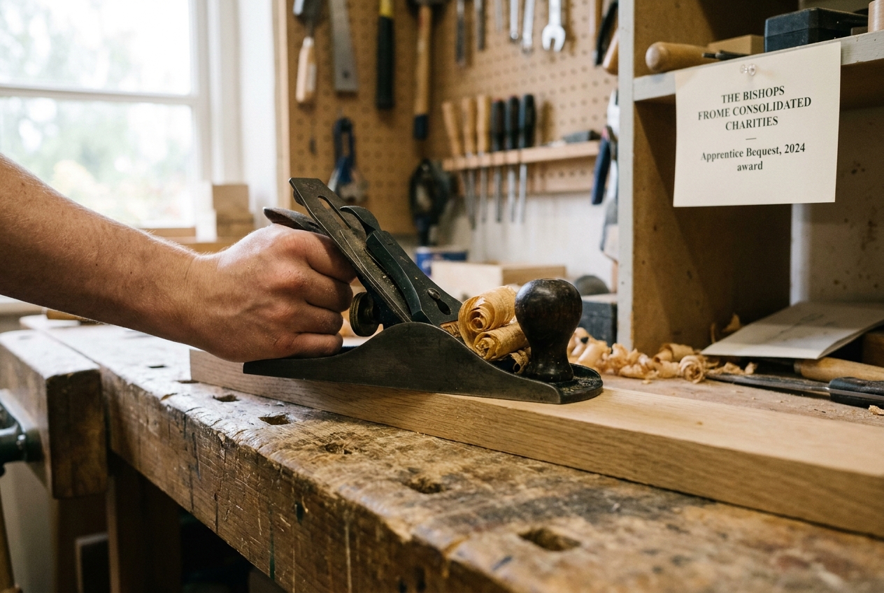 A young joiner's hand on a workshop plane in a Halmond's Frome cottage.