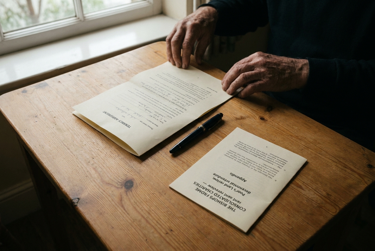 A hand on a tenancy document on a kitchen table.