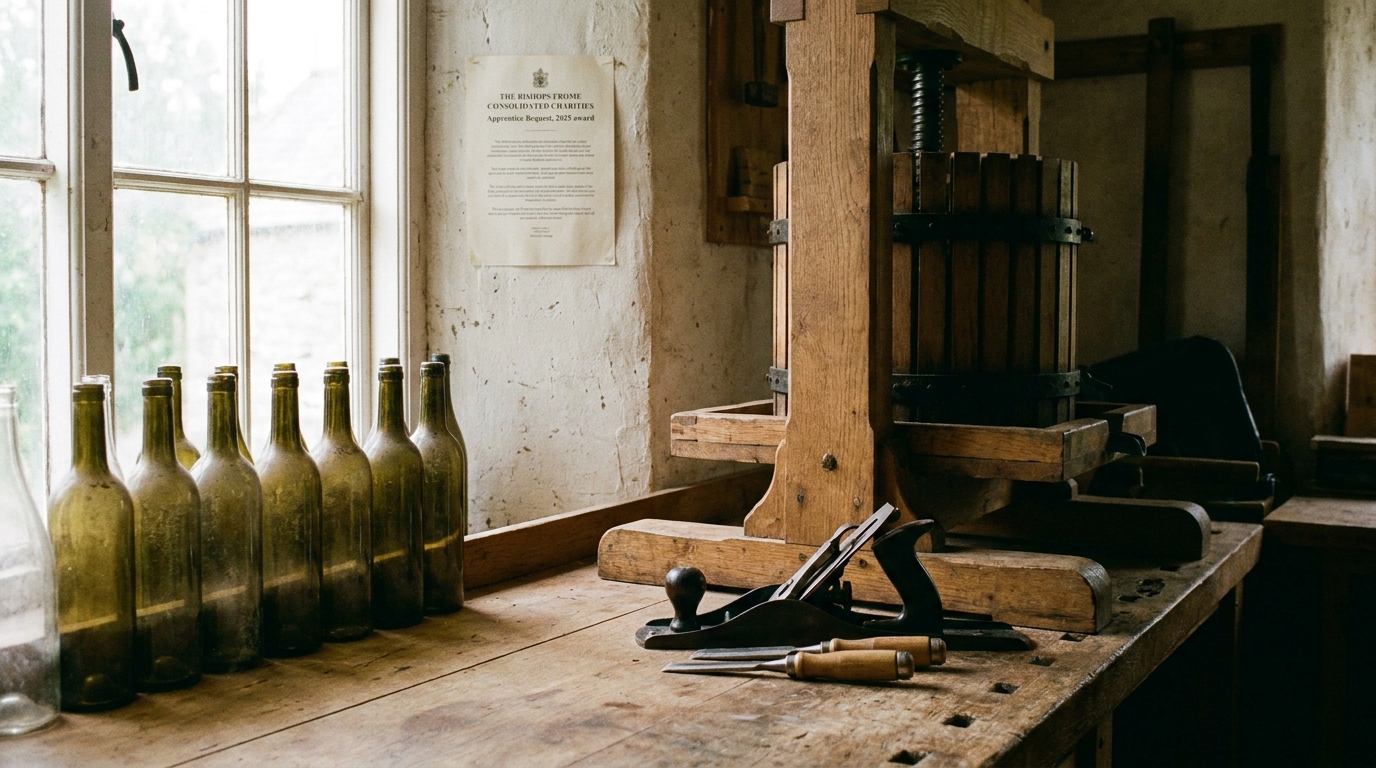 A young apprentice's workbench in a small cidery near Halmond's Frome, with a printed THE BISHOPS FROME CONSOLIDATED CHARITIES grant letter pinned above.