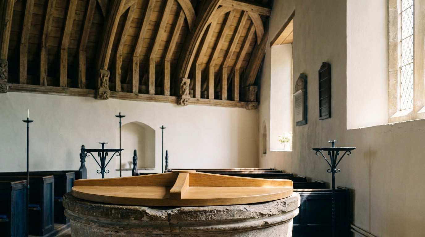 The medieval font and oak-roofed nave of St Mary's parish church, Bishop's Frome, in afternoon light.
