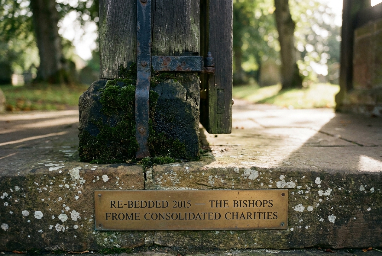 A close-up detail of the weathered oak south upright of the lych gate at St Mary's parish church, Bishop's Frome — lichen on the stone threshold, the iron strap on the timber, the age-darkening at the foot of the post.