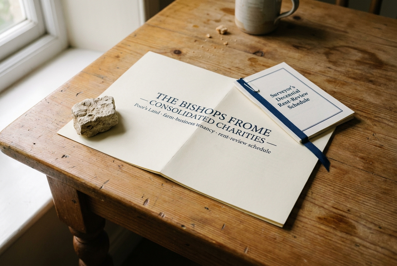 The current Poor's Land tenancy agreement laid out on the trustees' kitchen table at Bishops Frome, weighed at one corner by a small Bishop's Frome Limestone flint, with the surveyor's rent-review schedule on top.