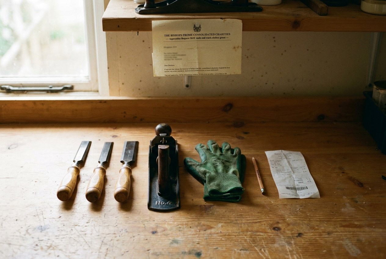 A neat row of small tools on a workshop bench — a set of three chisels, a Stanley plane, a pair of pruning gloves and a folded receipt — paid for by an Apprentice Bequest grant.
