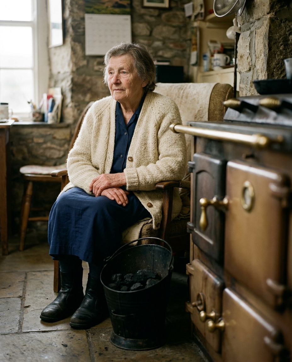 Elsie, an older woman in a hand-knitted cardigan, beside the range in her cottage kitchen at Bishop's Frome.