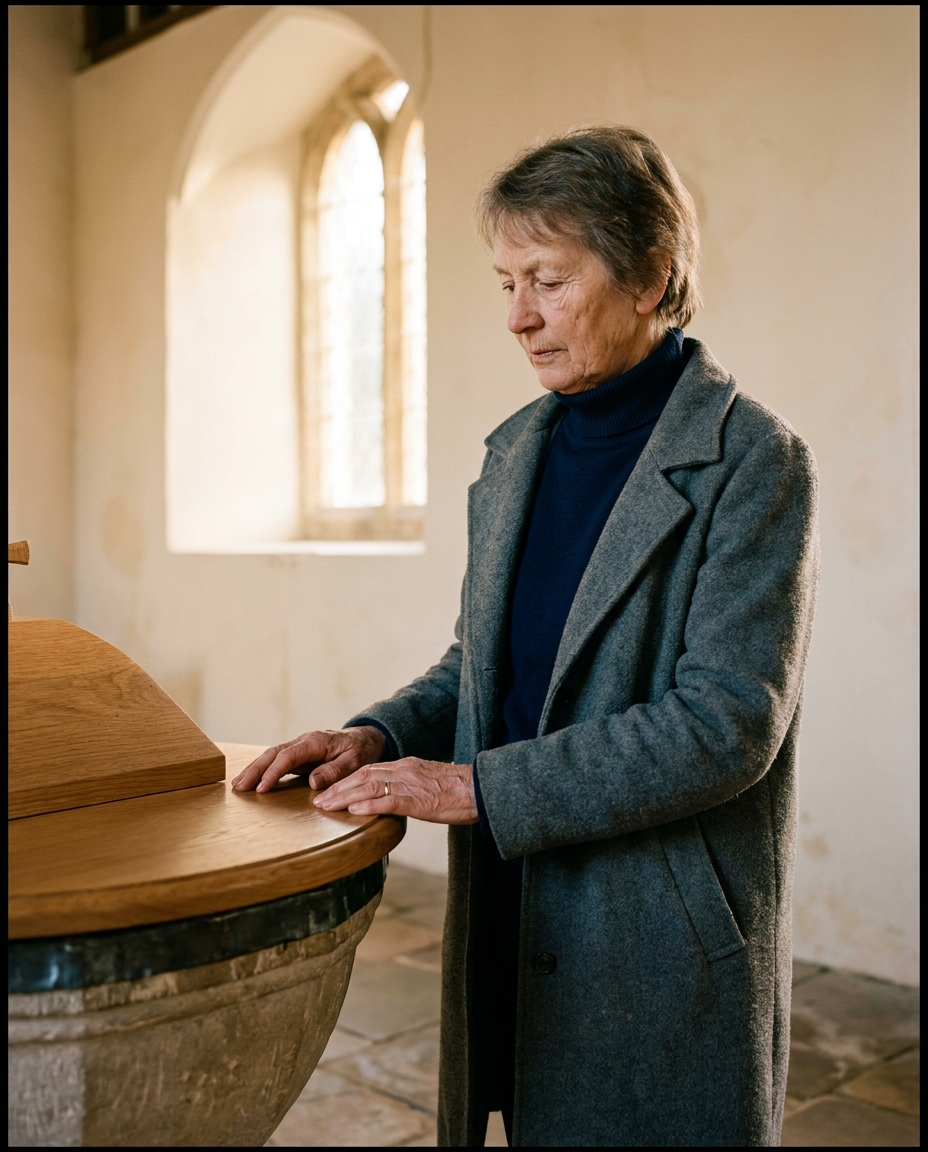 Margaret, a woman in her seventies, in the nave of St Mary's parish church, Bishop's Frome.