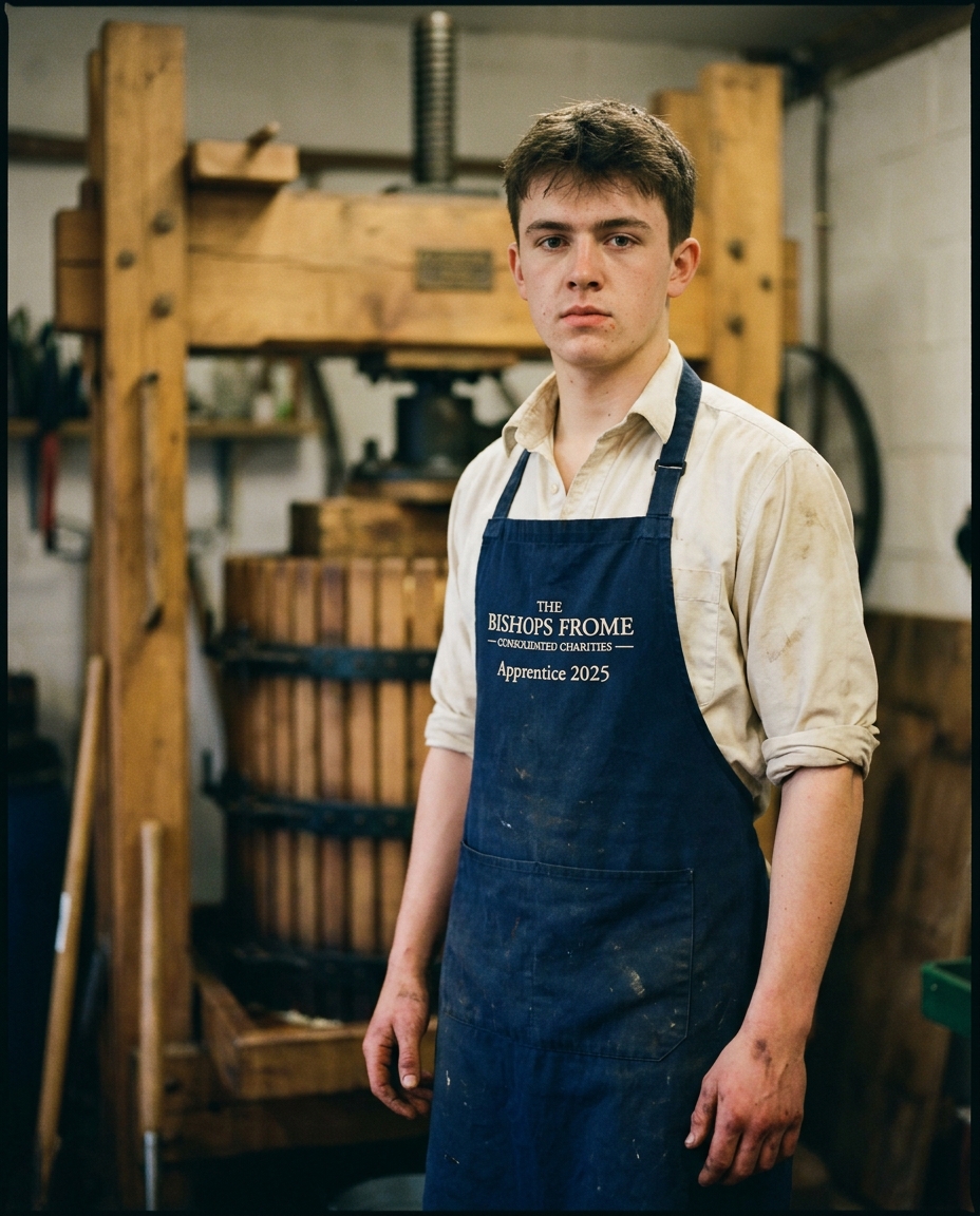Thomas, a young man in workshop clothes, at a cider press in Halmond's Frome.