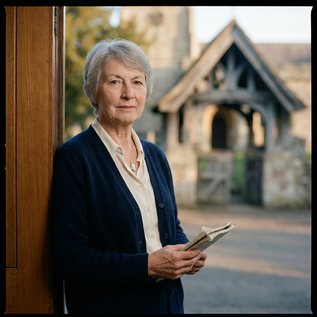 A documentary portrait of Gillian Lynch in a parish hall doorway in Bishop's Frome, the lych gate visible in the background.