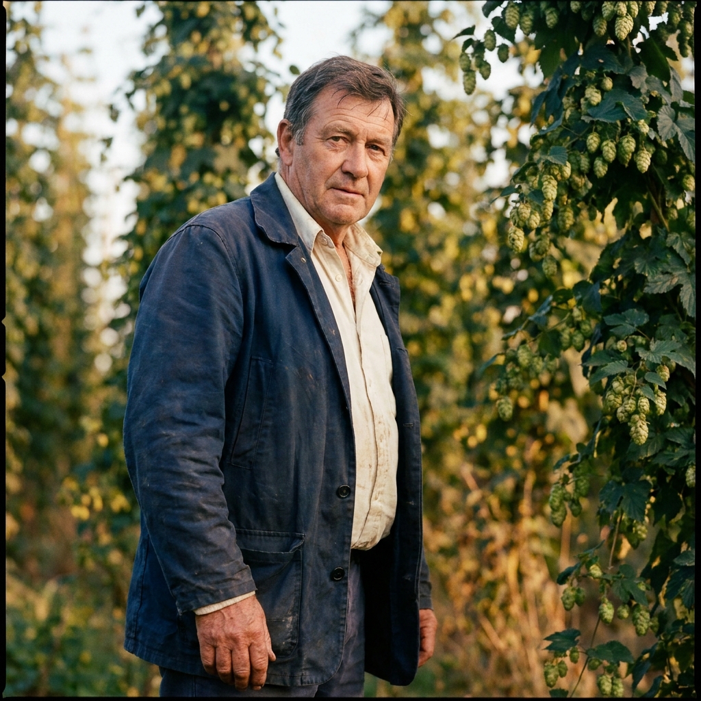 A documentary portrait of John Pudge in a hop yard near Bishop's Frome, in late summer light.